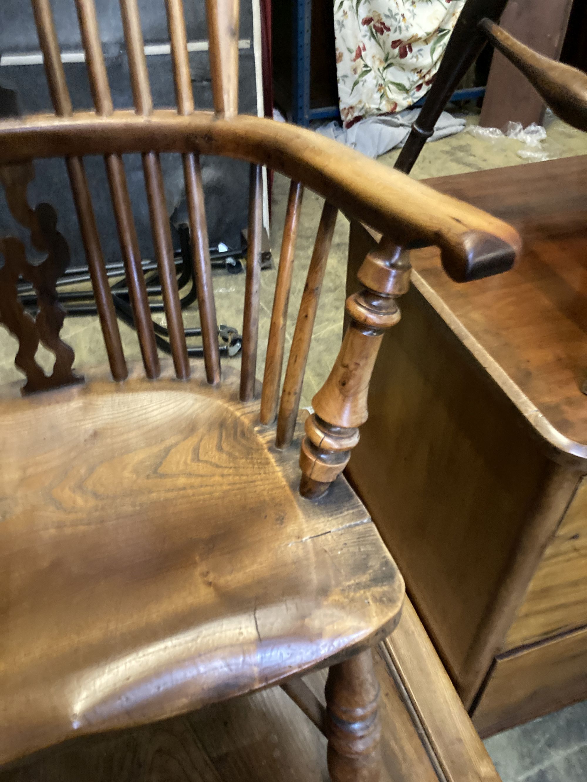 A Victorian yew and elm Windsor elbow chair, width 58cm, depth 44cm, height 106cm